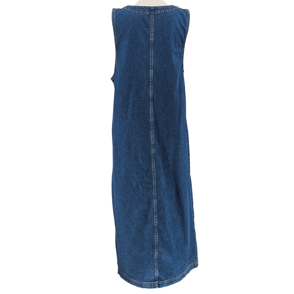 90s Y2K Denim Jumper Maxi Dress L Blue Lace Up Embroidered Cottagecore Modest - Picture 5 of 11